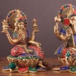 Pure Brass Ganesh Lakshmi Idols Pair with Meenakari Stonework - 12" Height